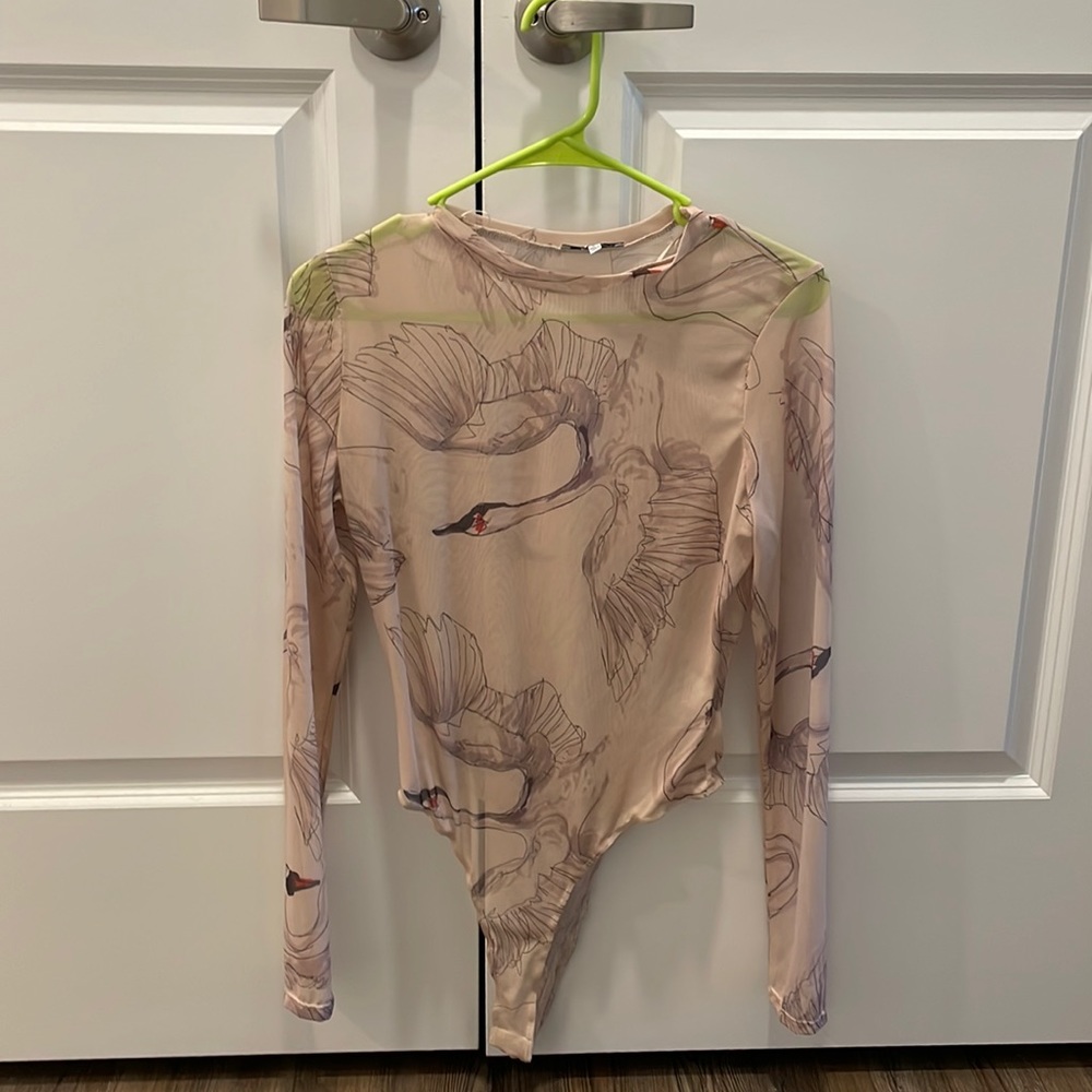 Fashion Nova Large Bodysuit Sheer Swan print Nude